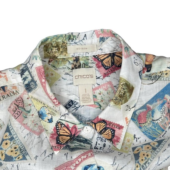 Chico's 100% Linen Novelty Print Button Up Size Medium Vacation Passport Travel - Picture 7 of 10